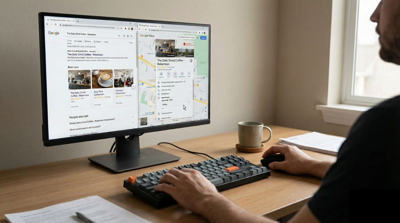 Updating hours and details on a Google Business Profile in a small South African office. - Google Business Profile food business South Africa