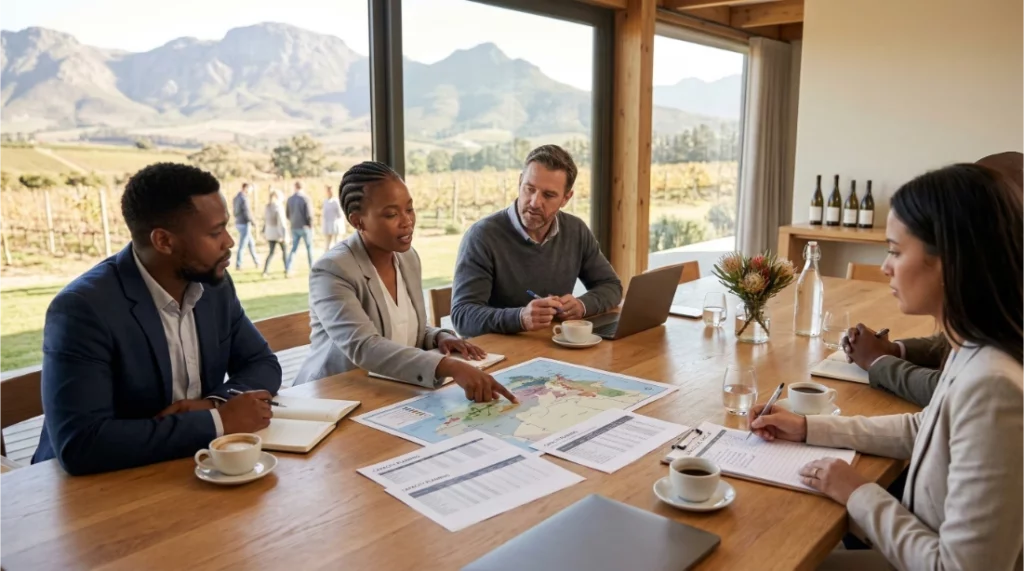 Tourism planners and winery representatives discussing wine tourism experiences and partnership opportunities at a South African vineyard. | wine tourism events South Africa
