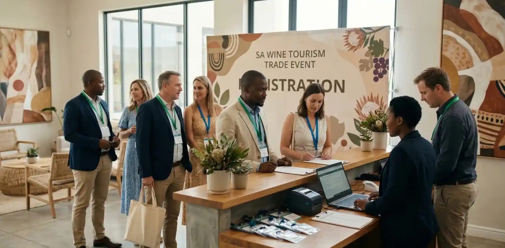 Trade delegates registering at a wine tourism industry event in South Africa, preparing for networking sessions and partnership meetings. | wine tourism events South Africa