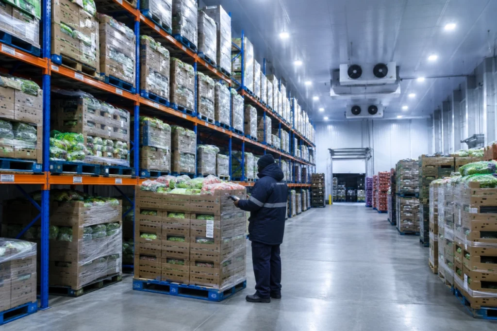 Cold storage warehouse with palletised fresh produce and racking in South Africa = cold chain service providers South Africa