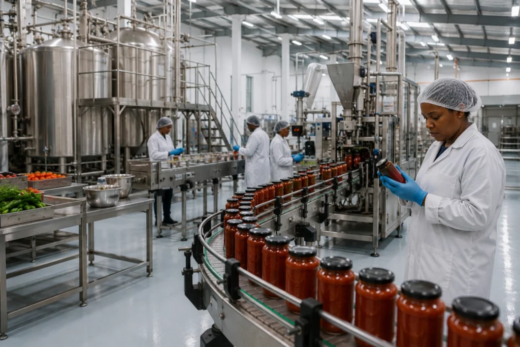 Two professionals in a factory office reviewing printed product specification sheets and packaging samples on a table, sachets and pouches laid out, laptop open with a production schedule, natural light, candid documentary style, no recognisable brands.