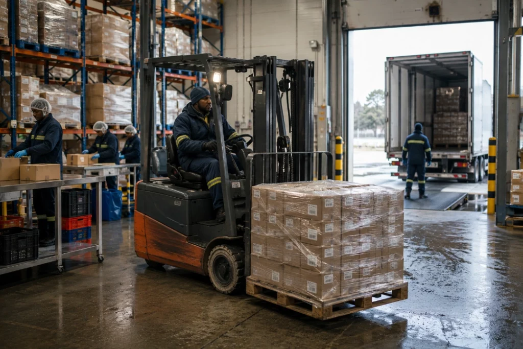 Cold storage warehousing Johannesburg forklift operator handling a pick and pack order