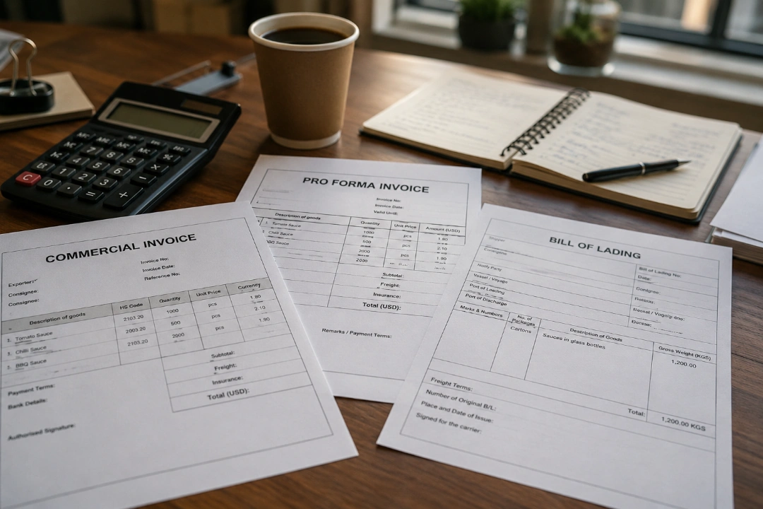 Commercial invoice and bill of lading on a South African food exporter's desk