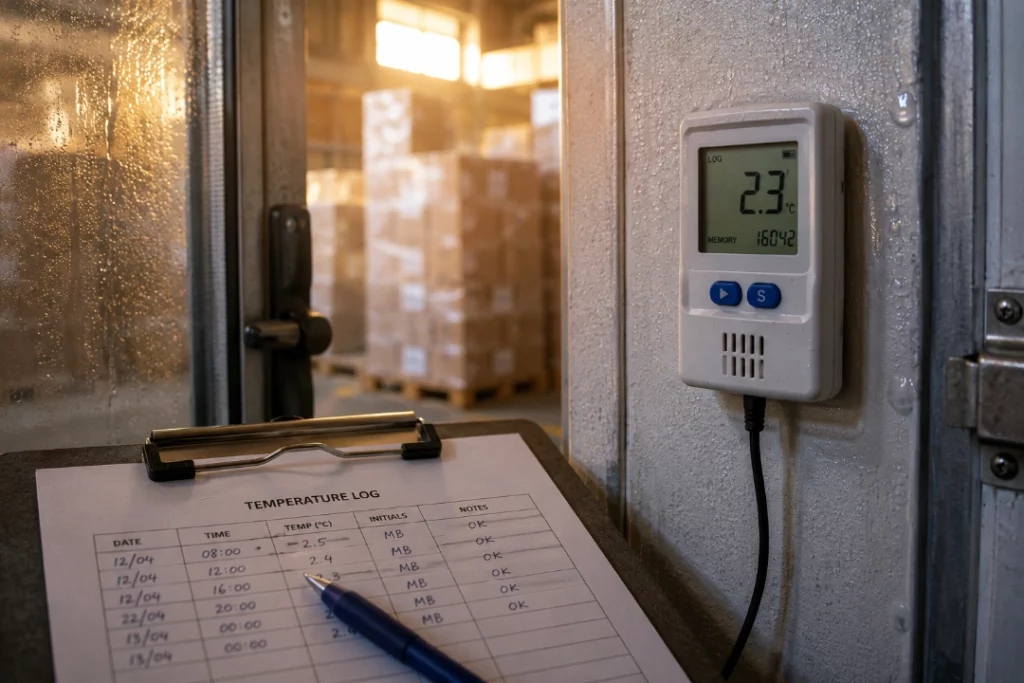 Temperature monitoring data logger inside a South African food grade warehouse